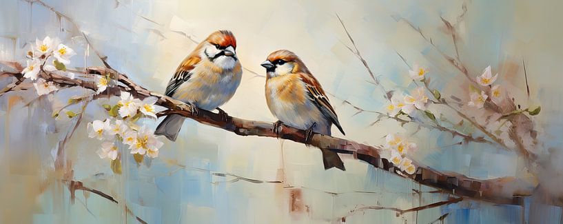Sparrows Spring Blossom by Eye catching paintings