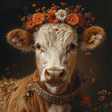 Vache Highland couronnée de fleurs - Une œuvre d'art charmante pour les amoureux de la nature sur Felix Brönnimann