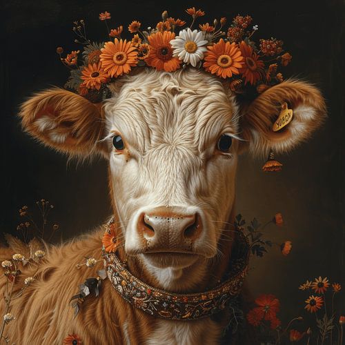 Hoogland koe met bloemenkroon - Charmant kunstwerk voor natuurliefhebbers