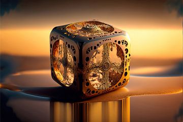 Cube d'or abstrait sur la plage : intemporel sur Surreal Media