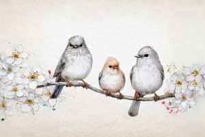 Illustration Gemälde. Drei niedliche kleine Vögel auf einem Zweig mit Kirschblüte