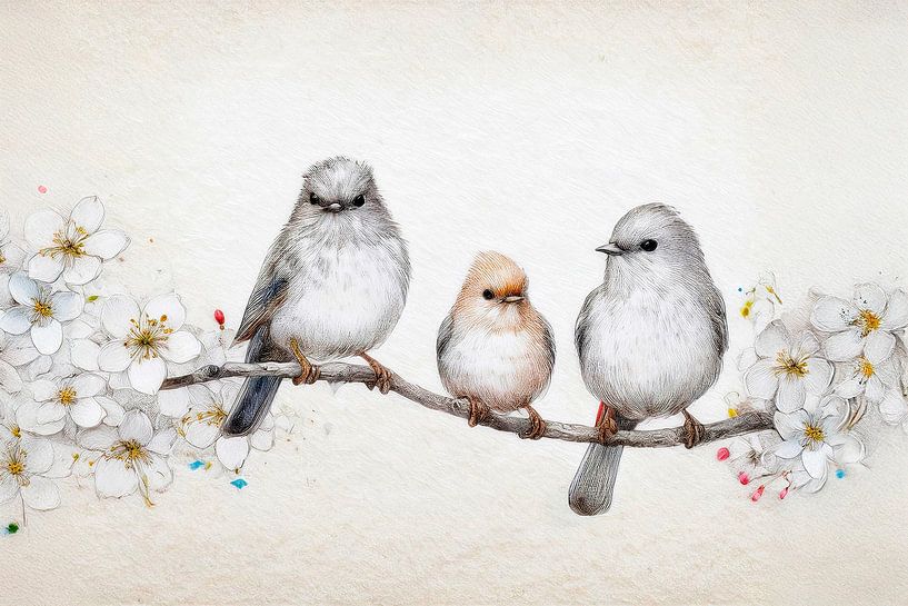 Sereen schilderij: Vogel gezinnetje op een tak met kersenbloesem van Studio Pieternel