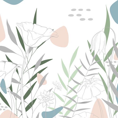 Pastel Flower- Modern floral illustration - Blue Green Pink