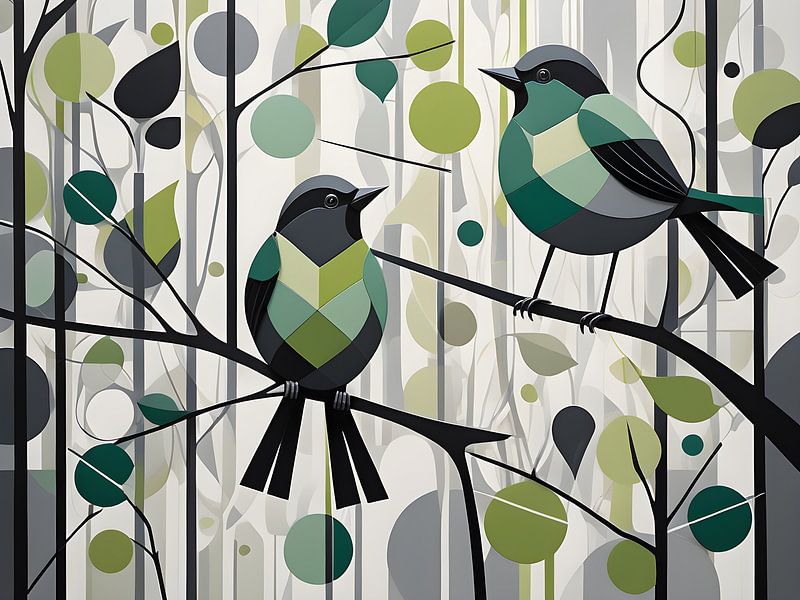Cheerful birds in geometric artwork by Bart Veeken