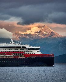 The new Hurtigruten ready to sail along the coast, Godøy, Norway by qtx