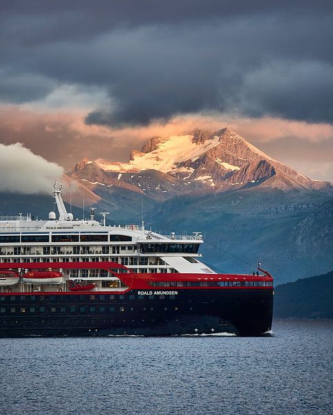The new Hurtigruten ready to sail along the coast, Godøy, Norway by qtx
