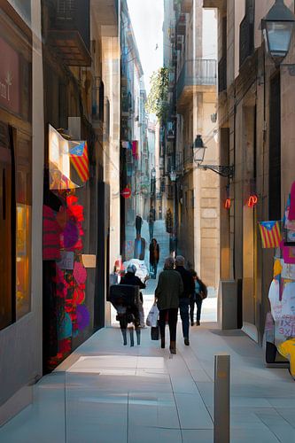 Winkelstraat in Barcelona als modern schilderij