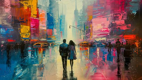 Jong stel in een winkelstraat, abstract schilderij