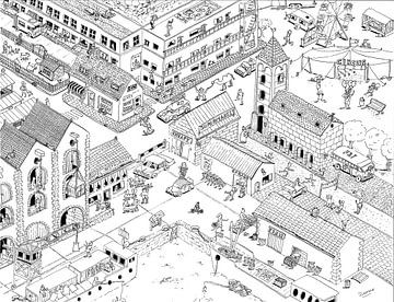 Illustration drawing in black and white of a big city