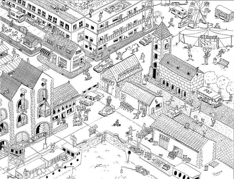Illustration drawing in black and white of a big city van Ivonne Wierink