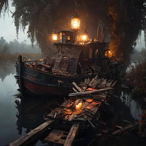 rotten boat in the jungle, illuminated
