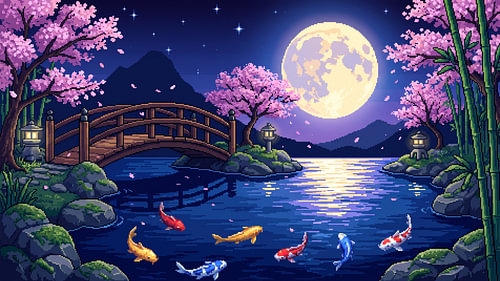 Le lac aux carpes koï au clair de lune — Le pont Sakura en pixel art