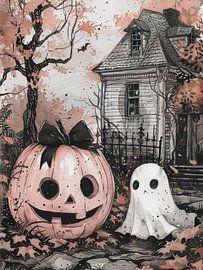 Halloween pink pumpkin with a cute ghost by haroulita