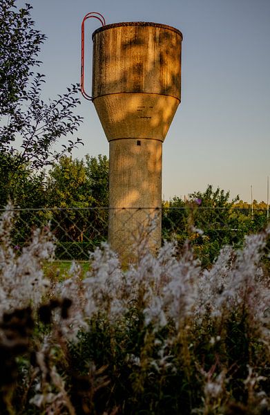 Wasserturm im Abendlicht – Industrielle Ruhe inmitten von Natur von Brave Toaster Photos