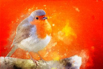 Robins against an orange background (art, painting) by Art by Jeronimo