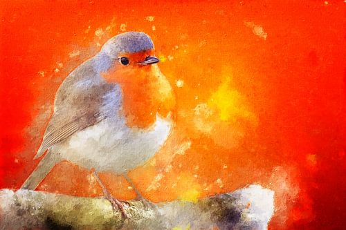 Roodborstje tegen een oranje achtergrond (kunst, schilderij)
