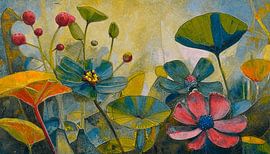 Fleurs botaniques abstraites et colorées en bleu, rouge et jaune ocre