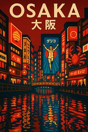 Osaka Nightlife Vibes - Neon Stadsgezicht & Grachtenverlichting Poster van Travel Shop