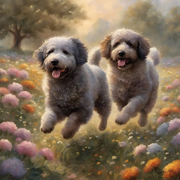 Chien d'eau espagnol jouant dans un champ de fleurs par Johannas Art Creations