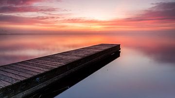 Steiger in het meer van Dirkshorn onder een felverlichte lucht tijdens een mistige zonsopkomst van Bram Lubbers