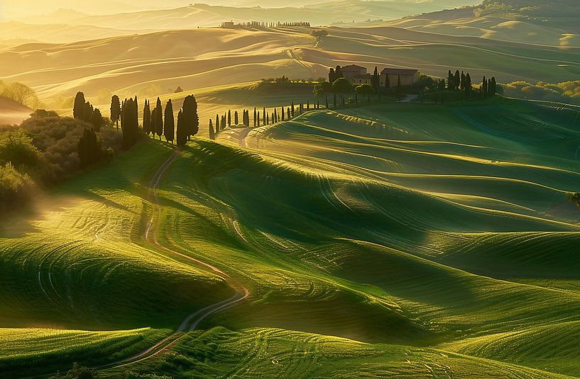 Toscane in de ochtendnevel van fernlichtsicht