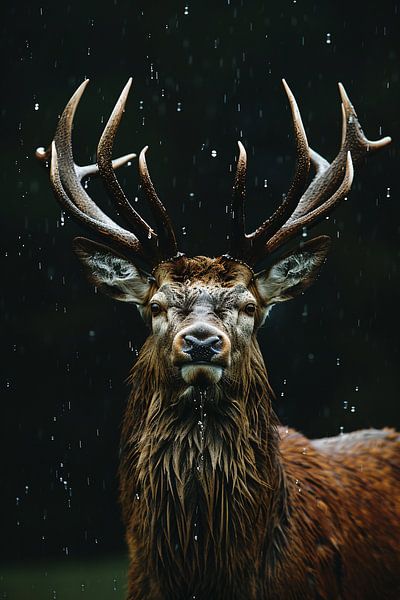 Red deer in the Torrential Rain: A Portrait of Strength by Art & Soul Creations