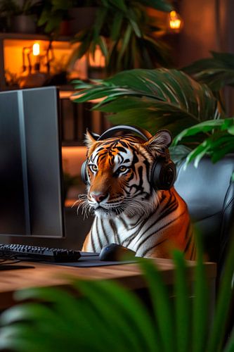 Tiger à l'ordinateur dans le salon