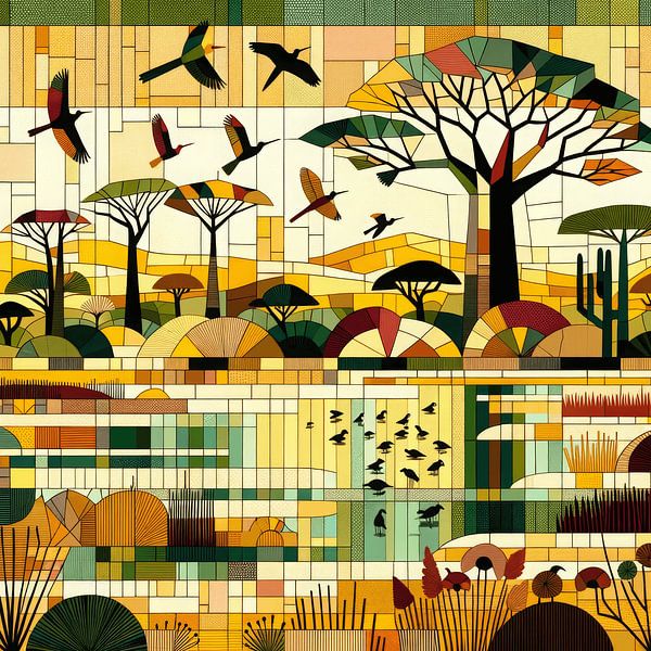 Mosaic of African landscape with lagoon by Lois Diallo