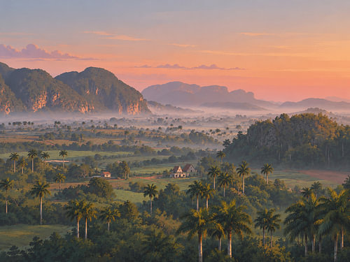 A green agricultural valley with limestone mountains in Viñales, Cuba