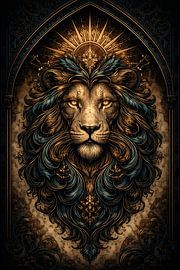Lion Portrait with Golden Halo and Filigree Frame by Faheem Beigh
