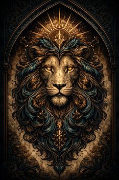 Lion Portrait with Golden Halo and Filigree Frame