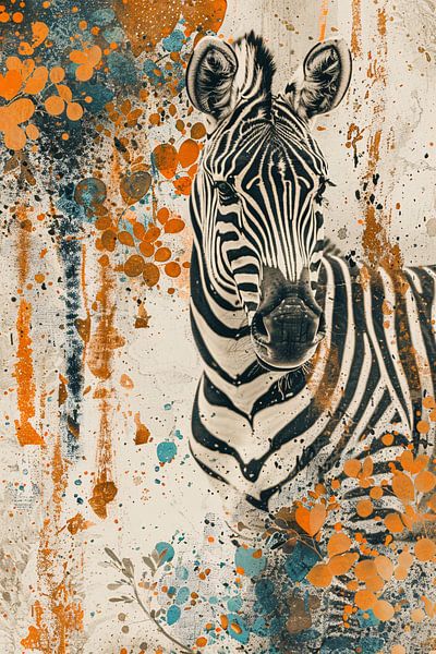 Abstract schilderij van zebra met kleurrijke bloemen van Art & Soul Creations