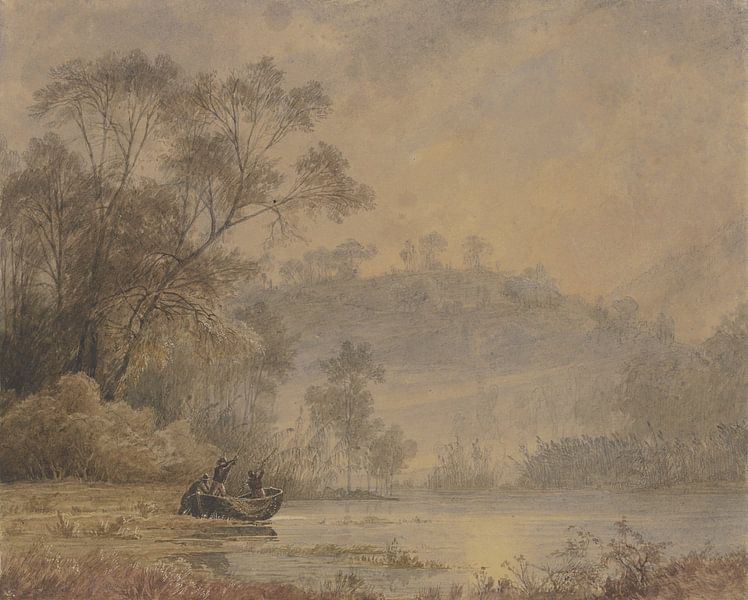 JOHANN WILHELM SCHIRMER, Waldsee, von dessen Ufer aus ein Boot mit drei Ma von Atelier Liesjes