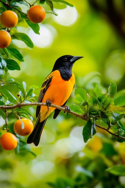 Un oiseau noir et jaune dans la nature par Poster Art Shop