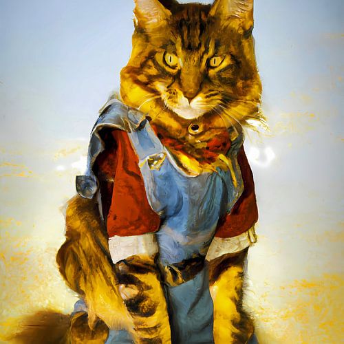 Portret van een wat verstoord kijkende  kat met tuinbroek en shirt aan