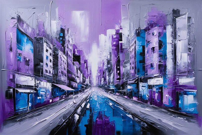Abstrakte lila Stadt Malerei von Imperial Art House