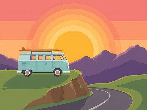 Illustratie van een vintage camperbusje op Sunset Mountain Road