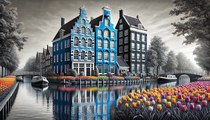 Canals in Bloom - Delft Blue Cityscape with Tulips by Kleurenrijk