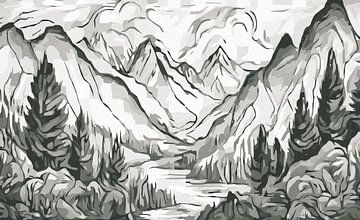 Ruige bergen en rivier in neutrale kleuren van Anna Marie de Klerk