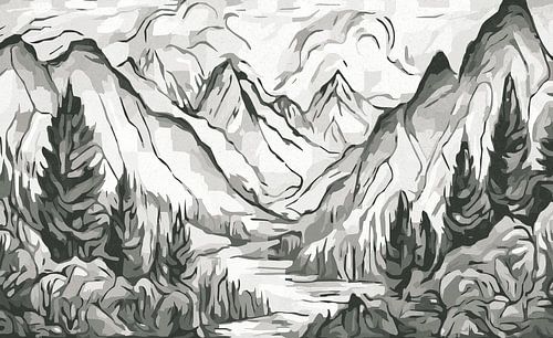Montagnes escarpées et rivière dans des couleurs neutres