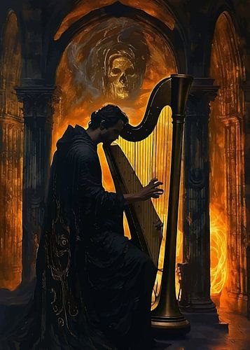 Donker figuur silhouet die harp speelt Abstract