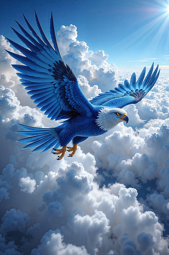 Fantasy Art Wandbild: SKYRION – Ein beeindruckender blauer Adler fliegt über den Wolken