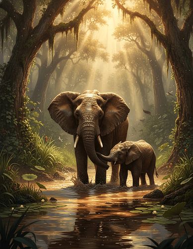 Eine Elefantenmutter und ihr Junges im schlammigen Fluss