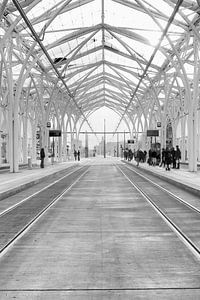 Łódź (lodz) Poland Piotrkowska Centre station de tramway en noir et blanc