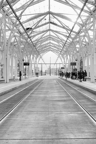 Łódź (lodz) Polen Piotrkowska Centrum tramstation in zwart wit