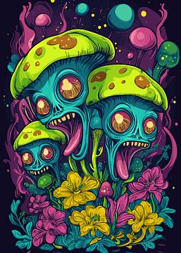 Champignons psychédéliques aliens avec fleurs multicolores sur Pixelbull Design