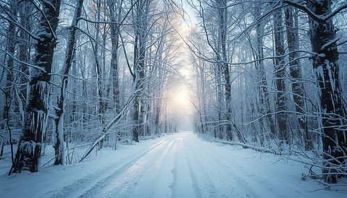 Verschneiter Waldweg mit schwachem Sonnenlicht durch die Bäume. von Brian Morgan
