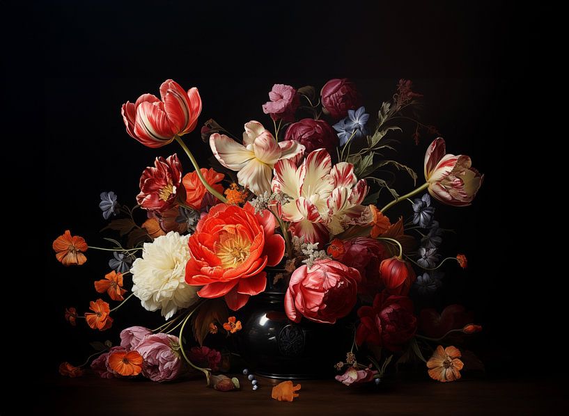 still life of a large bouquet of flowering tulips on dark vase by Margriet Hulsker