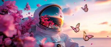 Astronaut in een bloemenzee met vlinders van Poster Art Shop