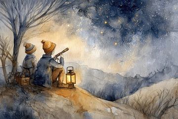 Enfants sous le ciel étoilé - Peinture de rêve poétique